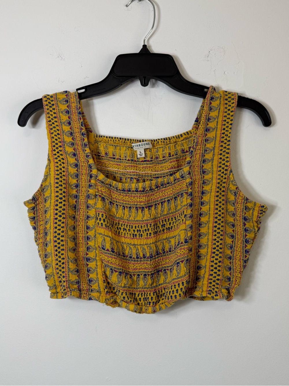 Earthbound Trading Co Boho Yellow Paisley Smocked Crop Top L Festival Hippie
